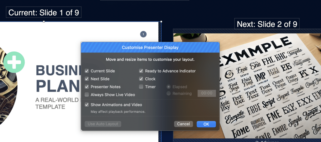 APS Keynote control: Keynote settings for slideshow mode