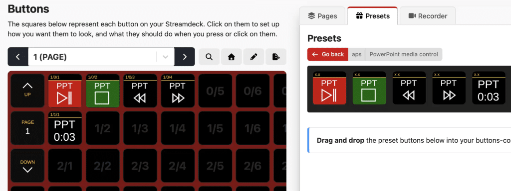 Interface displaying buttons and presets for a Streamdeck device. The left side shows a grid with button configurations labeled with 'PPT' and various controls. The right side provides options for dragging and dropping presets.