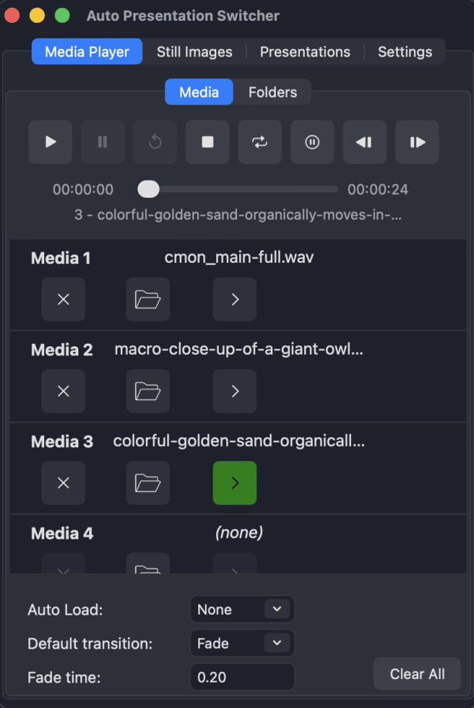 A screenshot of an Auto Presentation Switcher interface showing media player options, including a timeline at the top, media files listed, and settings for auto load and transition effects.