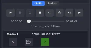 A digital audio editing interface displaying playback controls and a timeline. The title ‘cmon_main-full.wav’ is visible, with options for media folders and buttons for play, pause, and stop.