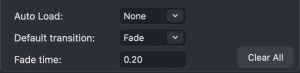 A user interface panel displaying settings for transitions. It includes options labeled 'Auto Load,' 'Default transition,' and 'Fade time,' with corresponding dropdown menus and input fields. A 'Clear All' button is also visible.