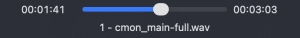 A media player interface showing a waveform for the audio file titled "1 - cmon_main-full.wav." The playhead is at 1 minute and 41 seconds, with a total duration of 3 minutes and 3 seconds.