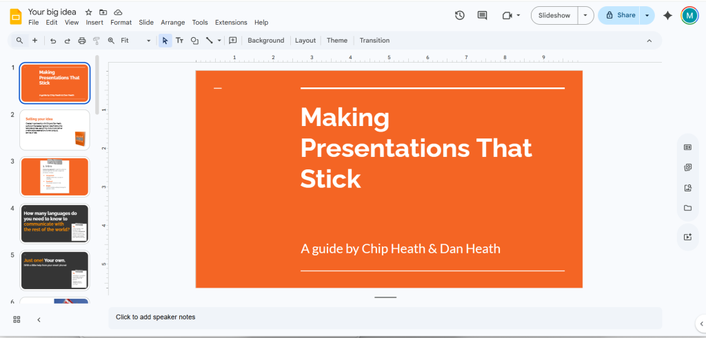 A digital presentation slide with an orange background, featuring the title 'Making Presentations That Stick' in white text, and the subtitle 'A guide by Chip Heath & Dan Heath' below it. The slide layout includes space for notes.