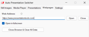 A screenshot of the Auto Presentation Switcher interface showing a field for entering a web address, specifically 'https://www.presentationtools.com'. Options to open, close, enable fullscreen, and clear browser data are visible.