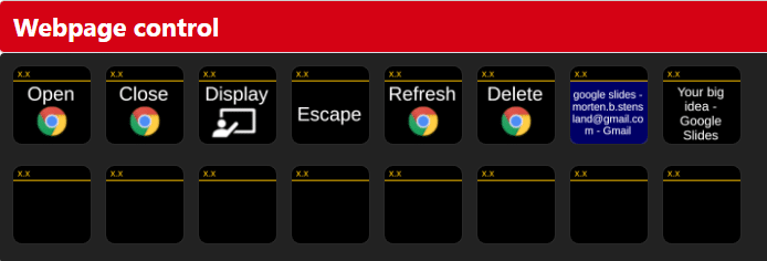 A digital interface displaying webpage control options including 'Open', 'Close', 'Display', 'Escape', 'Refresh', 'Delete', and a Gmail contact. The background is dark with a red header labeled 'Webpage control'.