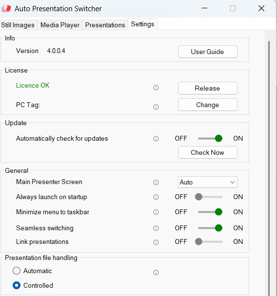 Screenshot of the Auto Presentation Switcher software interface, displaying version 4.0.0.4, license status, update options, and general settings including presenter screen and presentation file handling.