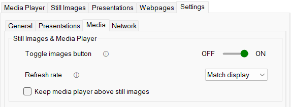 APS for Windows 4.6 Media settings with Toggle images, refresh rate and Keep media player above still images switched off.
