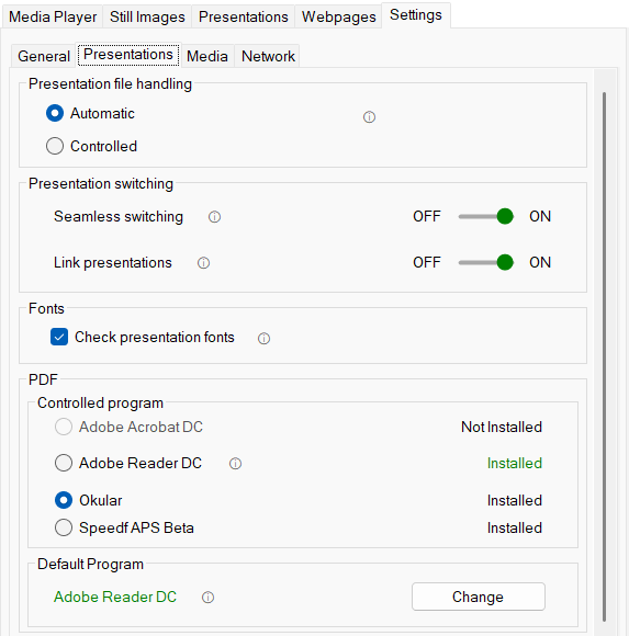 APS for Windows 4.6 Presentations settings: file handling, presentation switching, font checking and PDF applications.