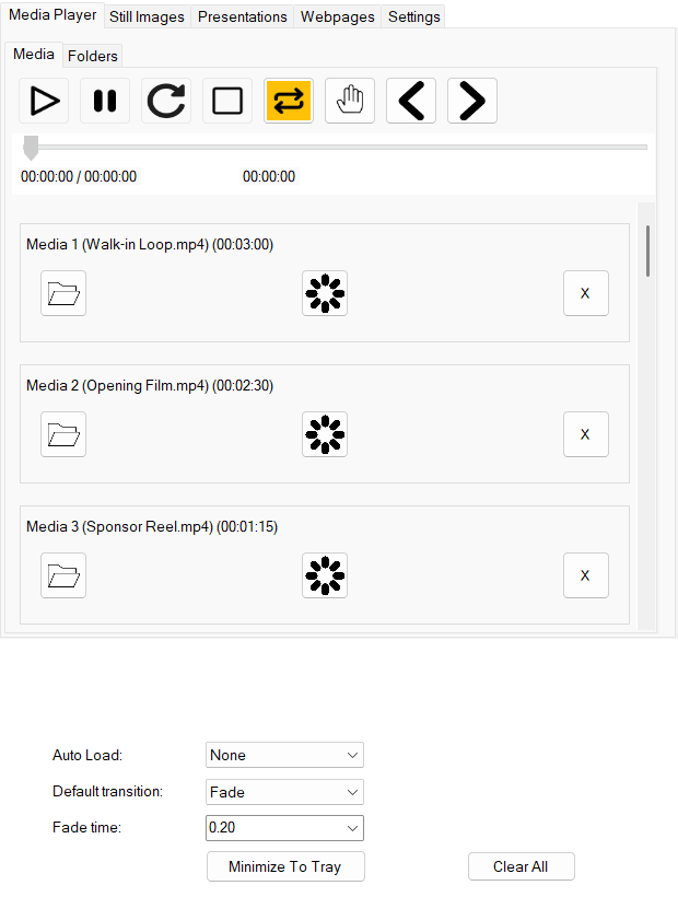 APS for Windows 4.6 Media Player with three videos, complete responsive rows, playback controls, timeline and lower options.