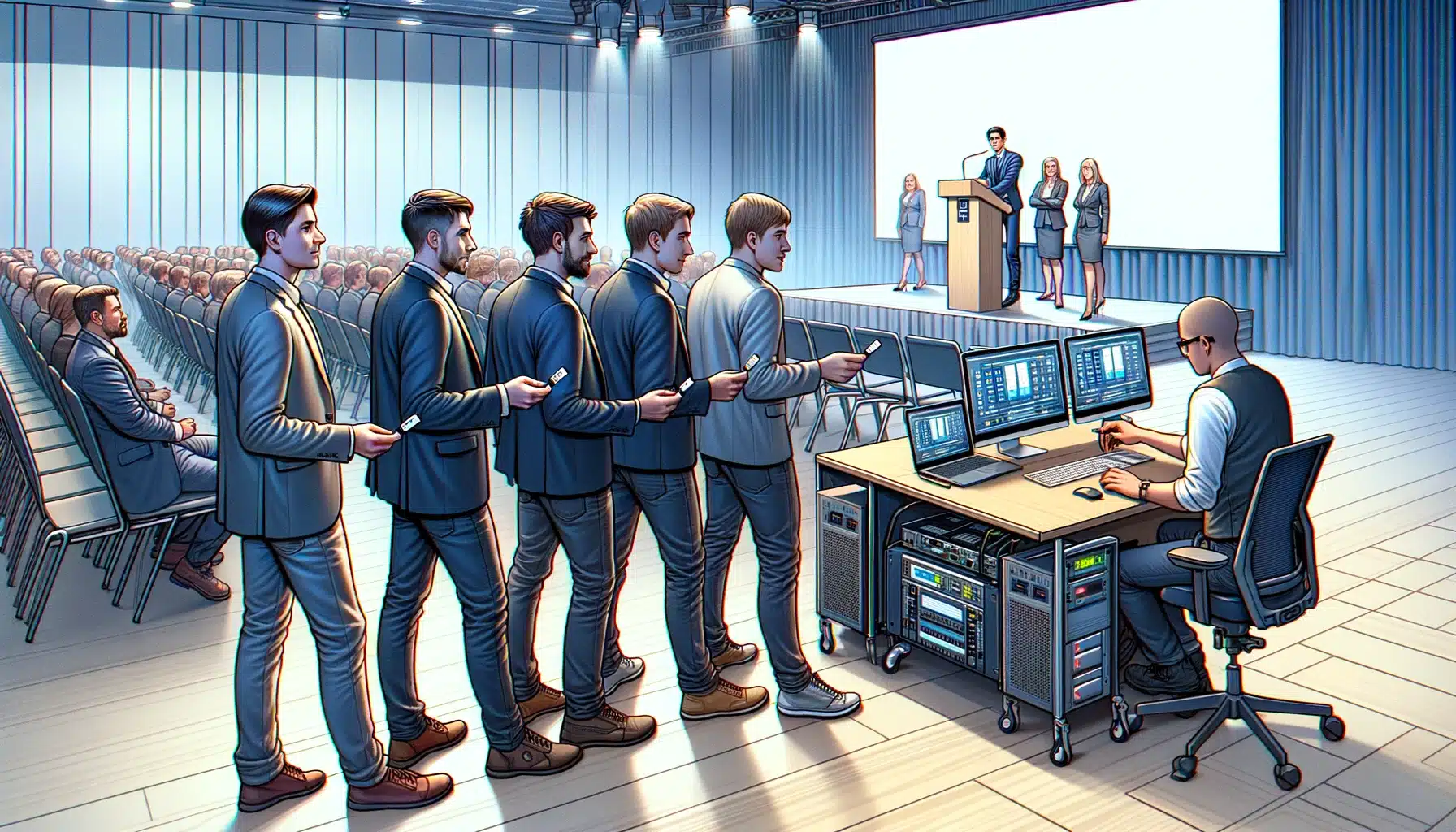 A group of men in suits waiting in line, holding tablets, in front of a stage with a speaker and a presentation screen. In the foreground, an operator manages equipment at a control desk with multiple monitors.