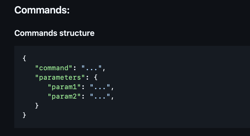 APS API documentation showing a JSON command with a command name and parameters