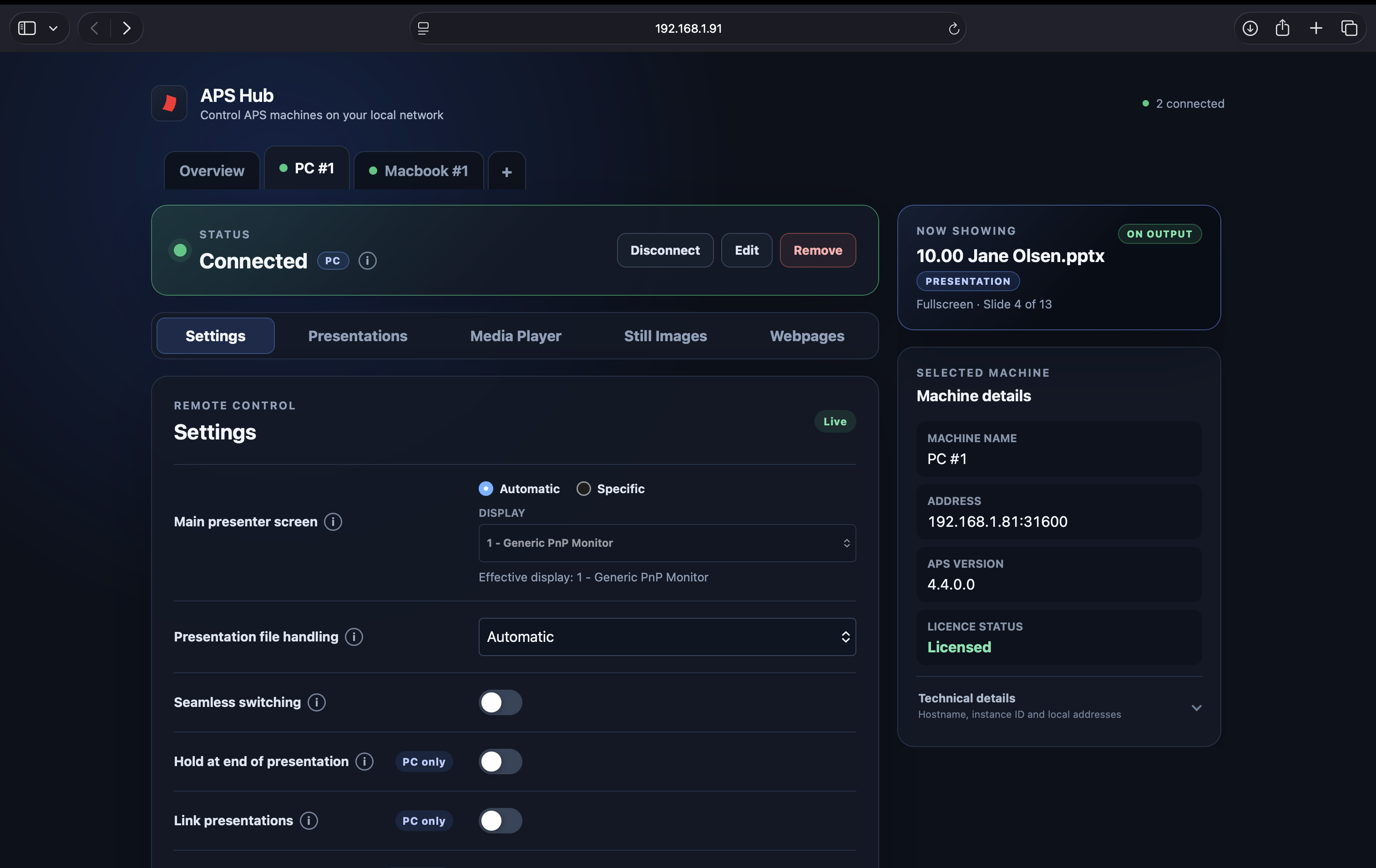 APS Hub running in a browser, connected to PC #1 with the "Now showing" panel live