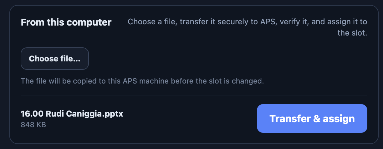 APS Hub file upload panel with a PowerPoint file selected and the Transfer and assign button