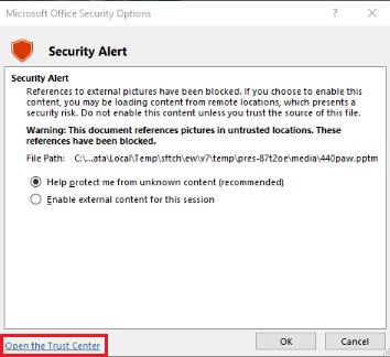 Microsoft Office Security Alert blocking external picture references in a PowerPoint presentation