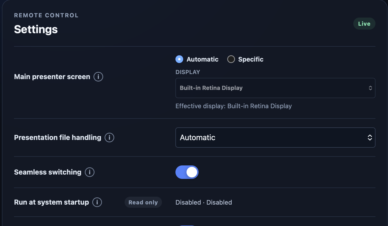 APS Hub remote control settings panel with the green "Live" badge