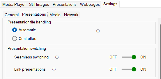 APS for Windows 4.6 Settings, Presentations, with Link presentations switched on.