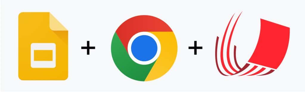 Icons representing Google Slides, the Google Chrome logo, and a document symbol, arranged in a horizontal line indicating a combination or integration of these tools for presentation or document sharing.