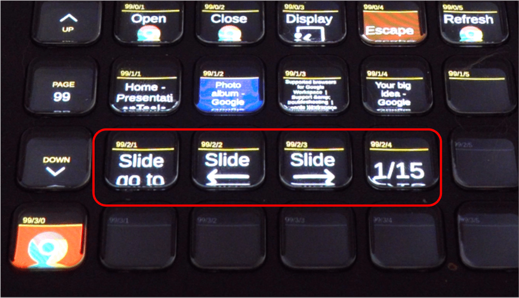 An illuminated control panel displaying several buttons with text options. Three buttons are labeled "Slide to go to", and adjacent buttons show "Slide" and "1/15". The background features additional buttons with text options, all on a dark surface.