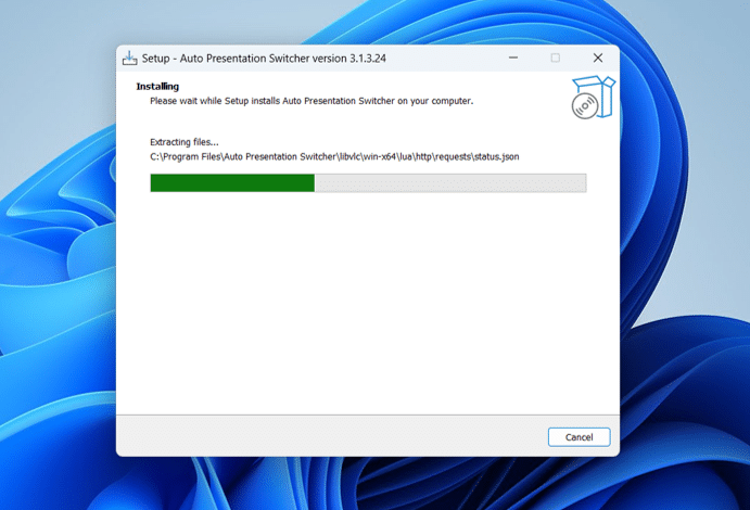 An installation window for Auto Presentation Switcher version 3.1.324 is displayed on a Windows desktop. The window shows a progress bar indicating installation progress, with a message prompt to wait during extraction of files.