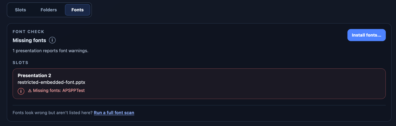 Font warnings in APS Hub, with the Install fonts button at the top right