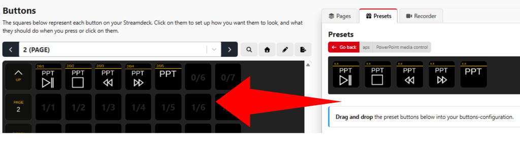 A user interface showing button configurations for a presentation software. The left side displays buttons for different functions, while the right side shows preset options being dragged and dropped into the configuration area.