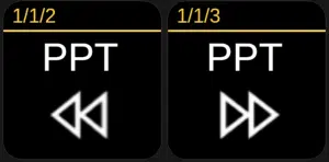 Two black display panels showing 'PPT' in white text. The left panel features a rewind icon with two triangles pointing left, while the right panel shows a fast-forward icon with two triangles pointing right. Both panels have yellow lines at the top indicating their sequence.