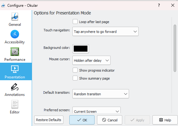 Okular options for Presentation mode