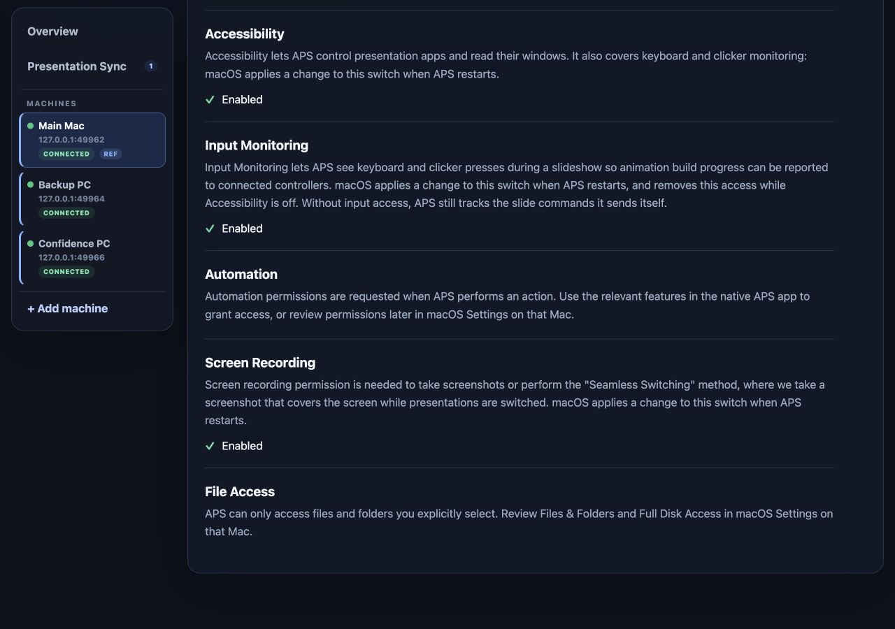 App Permissions tab showing APS permission categories and their reported states
