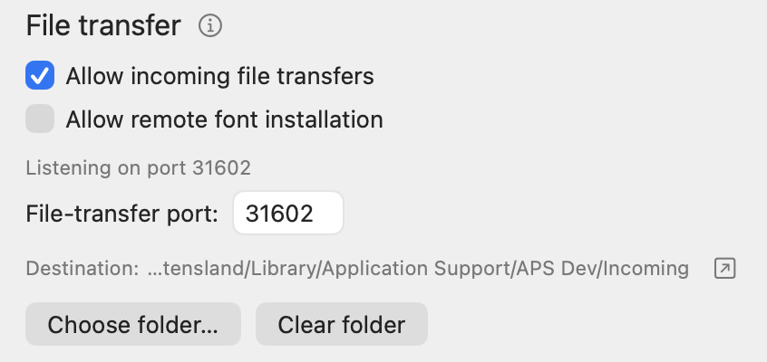 APS Mac File transfer settings with incoming transfers enabled, listening on port 31602, and destination folder controls