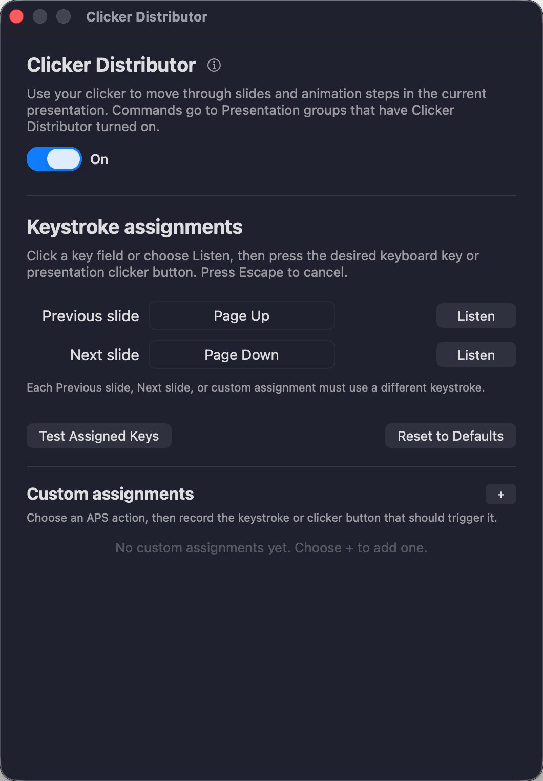 Clicker Distributor window with distribution enabled, Page Up and Page Down assignments, Listen buttons, and Test Assigned Keys