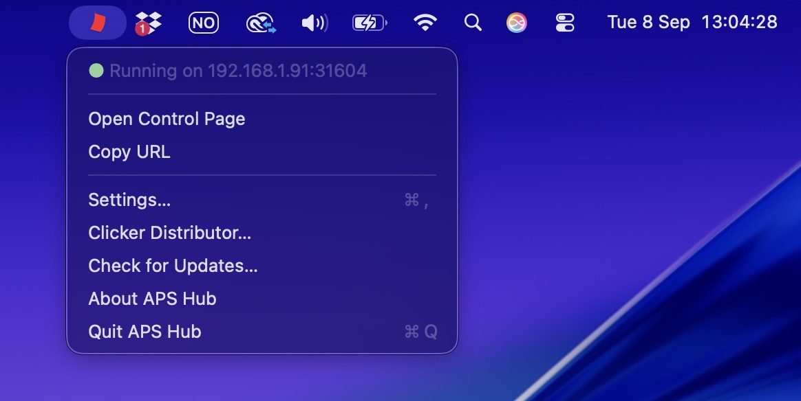 Red APS Hub icon in the Mac menu bar with its menu open and Open Control Page visible