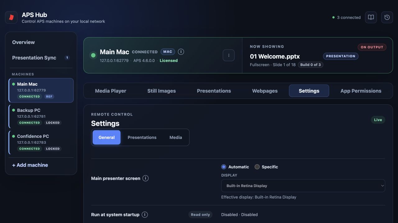 Main Mac selected in Hub, showing its connection and licence status, current presentation, and machine control tabs