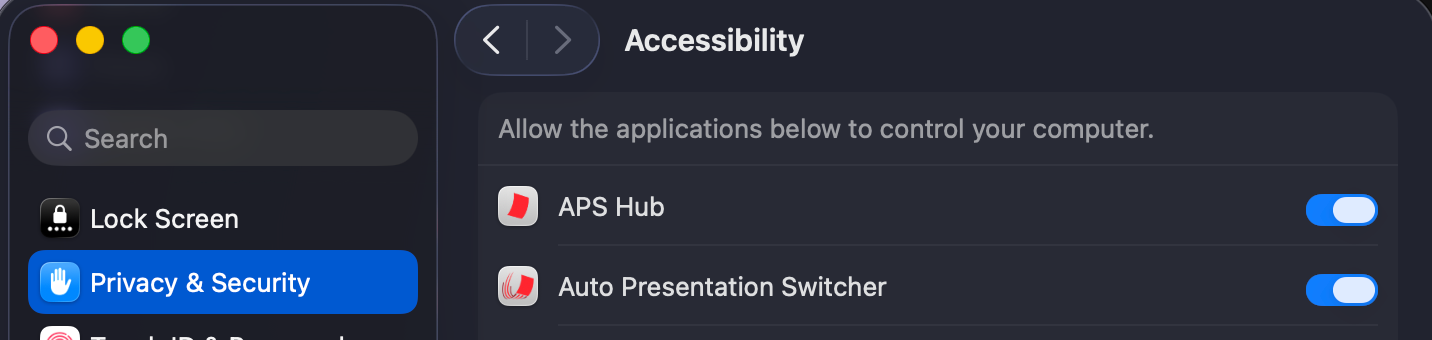 macOS Accessibility settings showing APS Hub and APS with access enabled