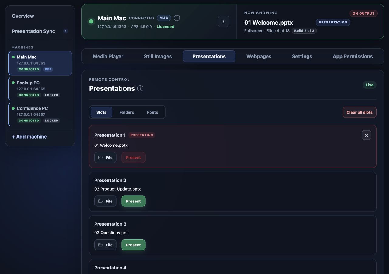 Presentations tab with Welcome, Product Update, and Questions assigned to slots
