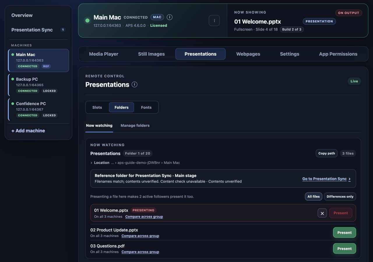 Now watching tab listing three presentation files and their availability across the mock sync group