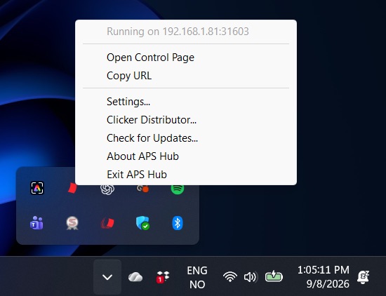 Windows hidden system tray icons expanded above the taskbar, with the red APS Hub icon and its menu open